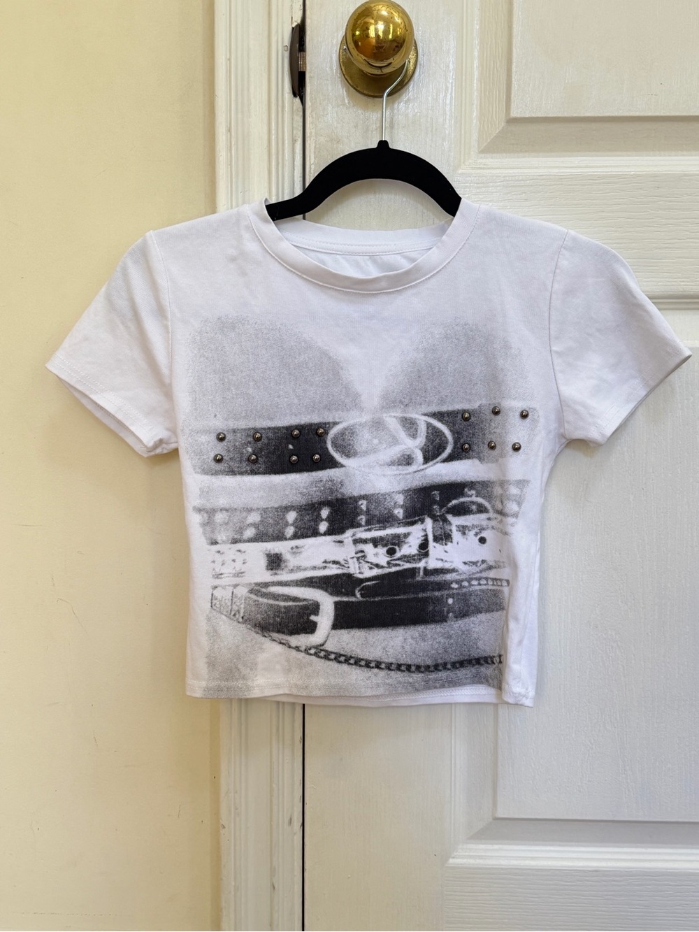 White and Black Graphic Studded Cropped Tee with belt design